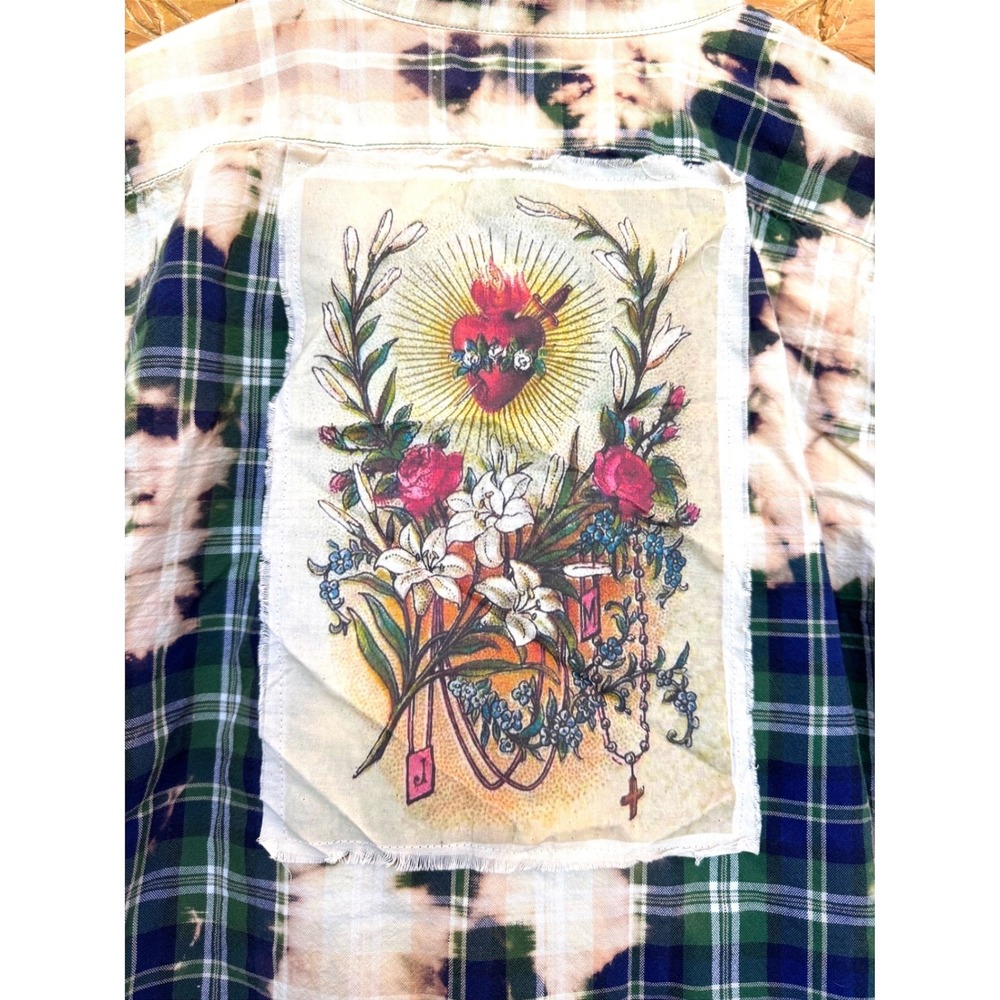 Sacred Heart Floral Bleached Flannel Shirt Large | One-of-One Art Wear
